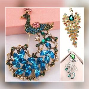 Statement Peacock Brooch Trio · Emerald · Blue Vintage · Gold Rainbow · Bundle